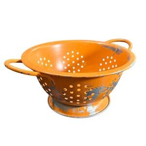 Vintage mini Orange Metal Colander- table bowl decor chipped paint- bright